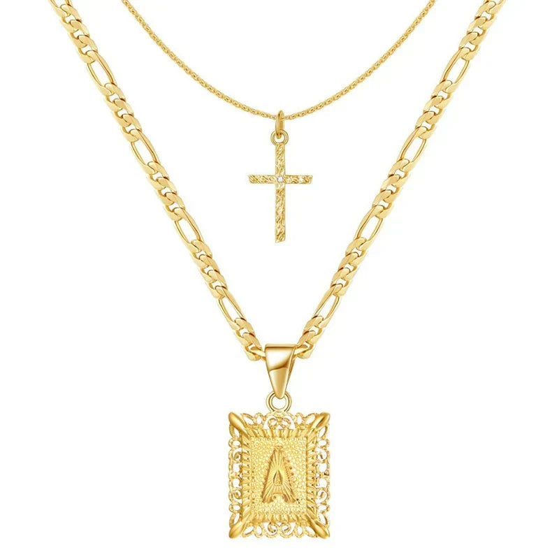 Cross Initial Necklace Set | Gold
