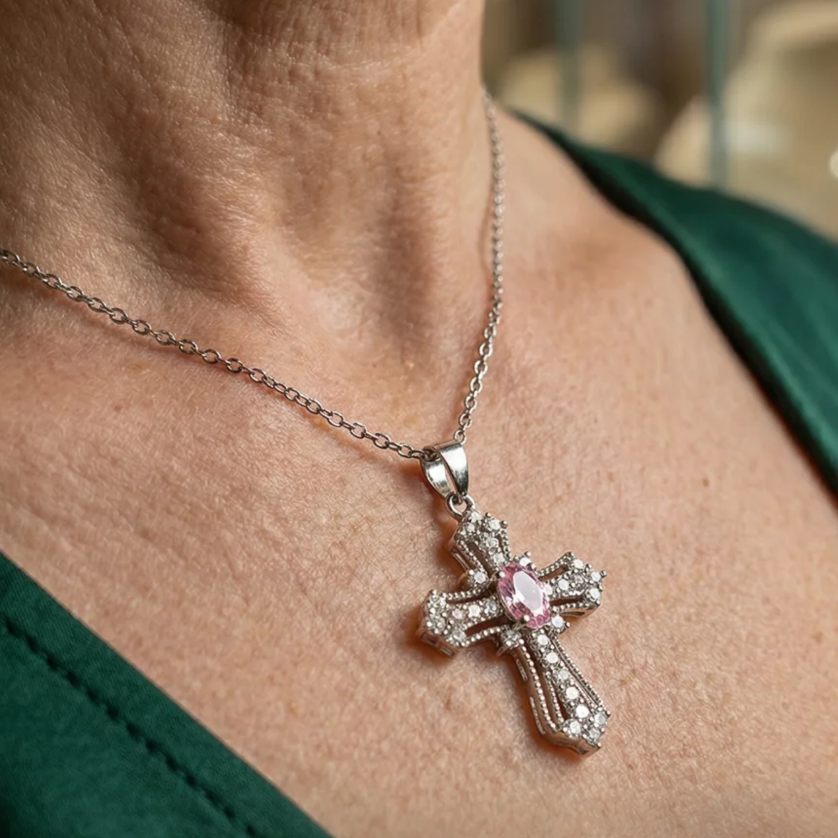 Halsband Celestial Pink Cross | Vitguld