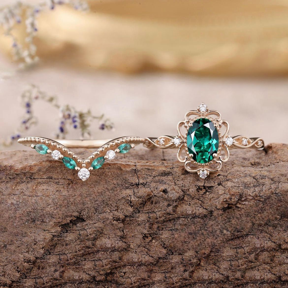Aurelle Emerald Crown-ringset | Roséguld