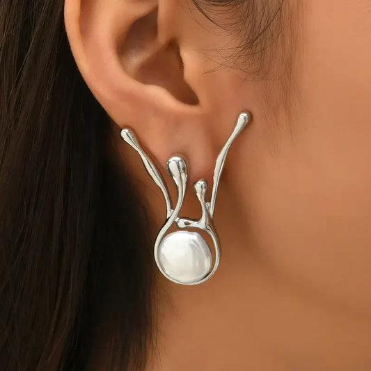 Antique Irregular Silver Pearl Earrings | White Gold